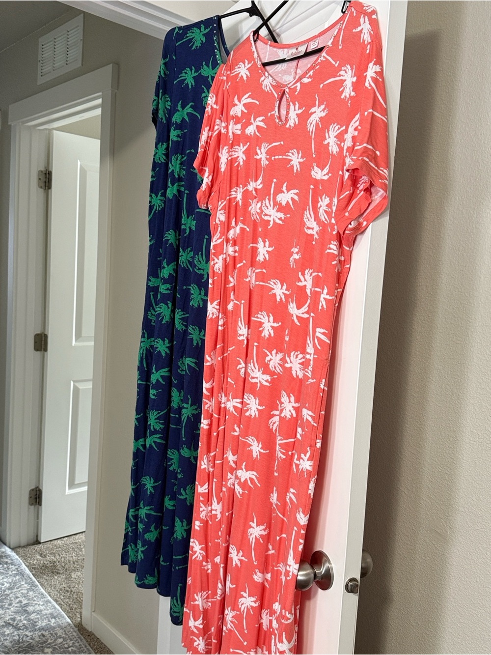 Two Quaker Factory, Coral & white Navy & green palm tree print dresses. $10.00